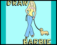 How to Draw Barbie Doll Walking Her Daschund Dog 