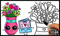 How to Draw a Vase with Flowers and Cute Card