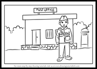 How to Draw Postman Outside Post Office for Kids