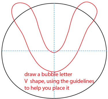 Draw a bubble letter'V shape using the guidelines to help you place it