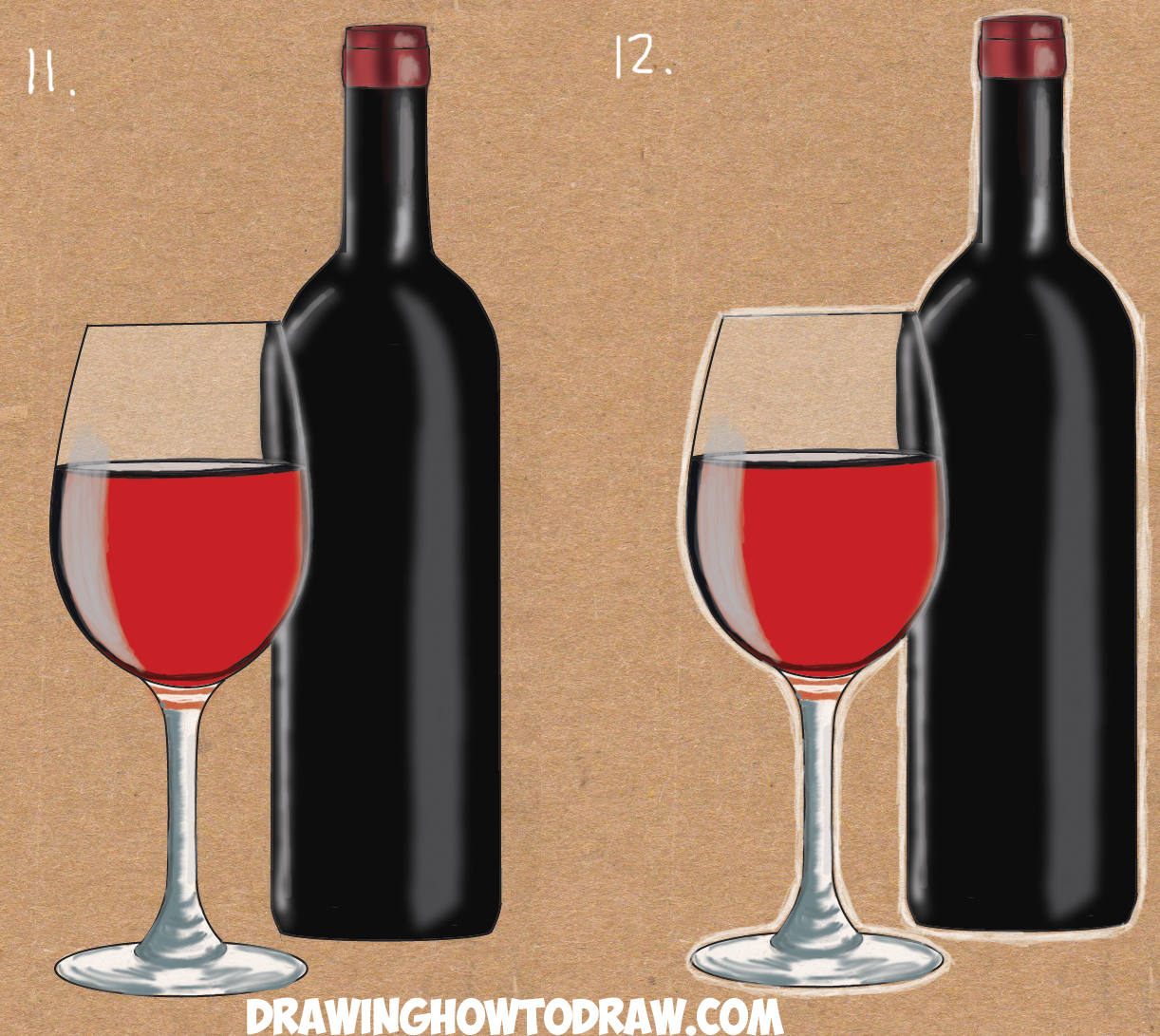 How to Draw a Bottle and Glasses of Wine Drawing Tutorial ...