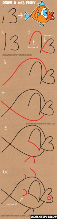 How To Draw A Cartoon Fish From The Number 13 Easy Tutorial For Kids