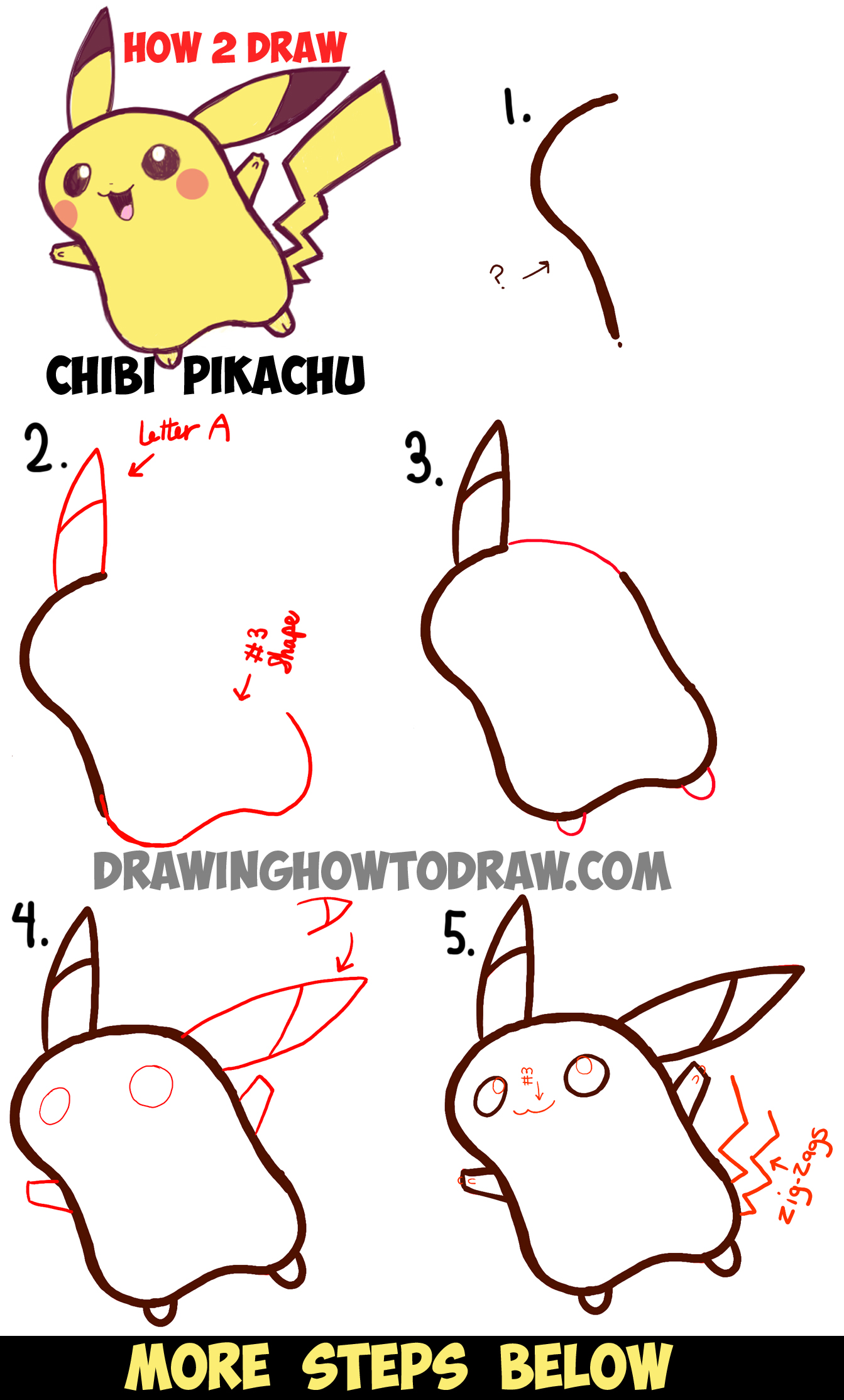 How to Draw Cute Baby Chibi Pikachu from Pokemon - Step by Step Drawing