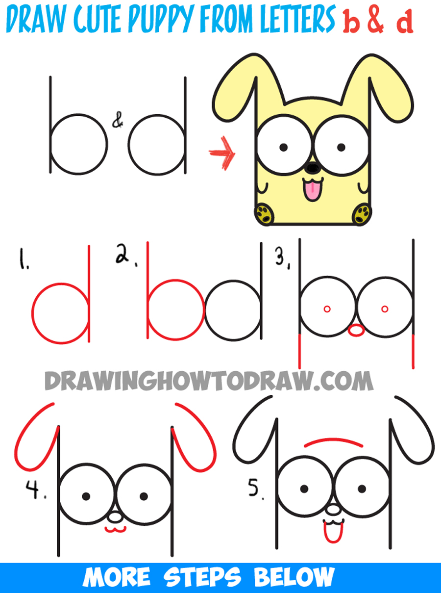 How to Draw Cartoon Baby Dog or Puppy from Letters Easy Step by Step