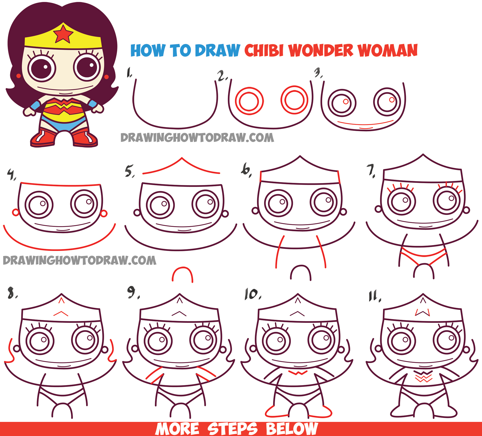 How to Draw Cute Chibi Wonder Woman from DC Comics in Easy Step by Step