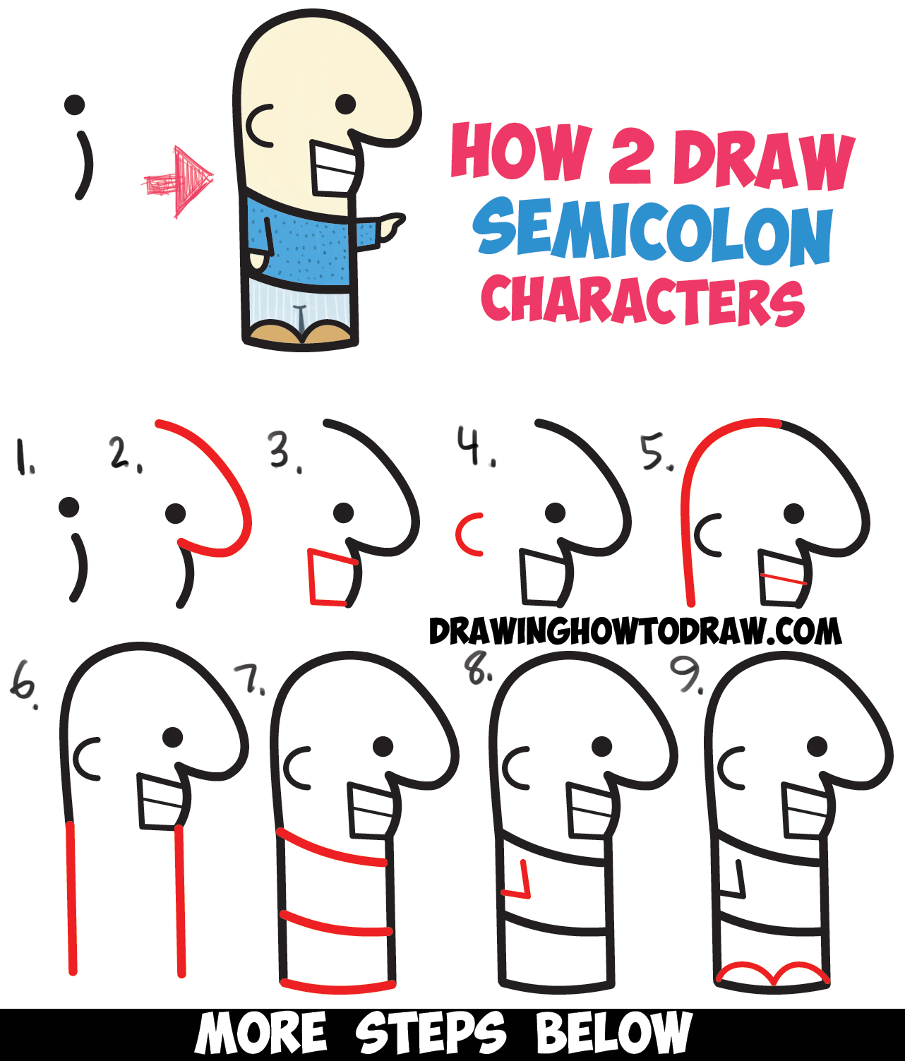 How to Draw Cute Cartoon Characters from Semicolons - Easy Step by Step