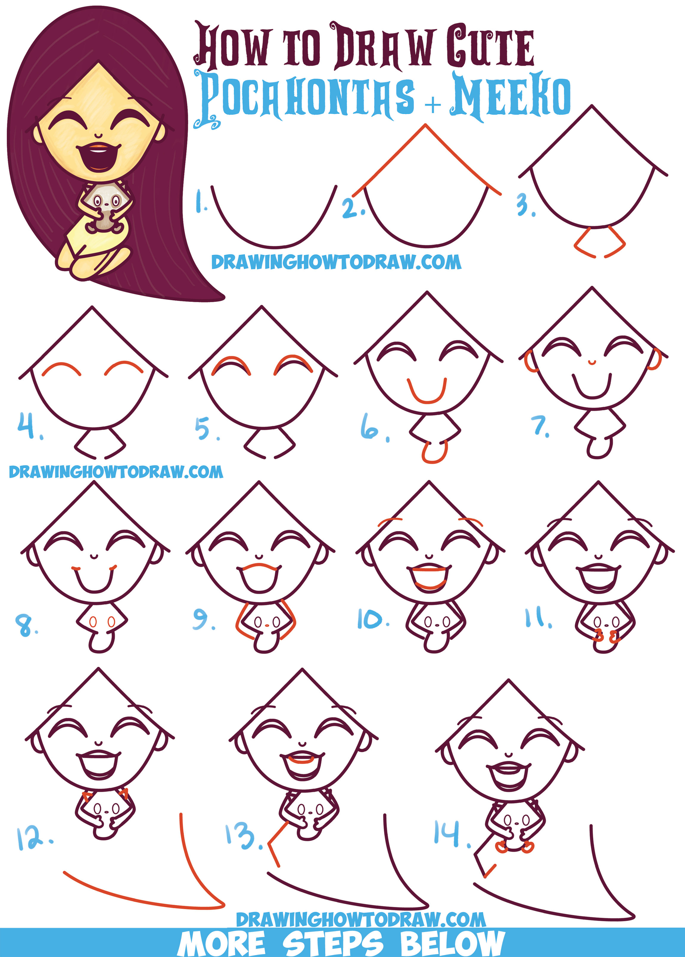 How to Draw a Cute Kawaii / Chibi Pocahontas and Meeko Easy Step by