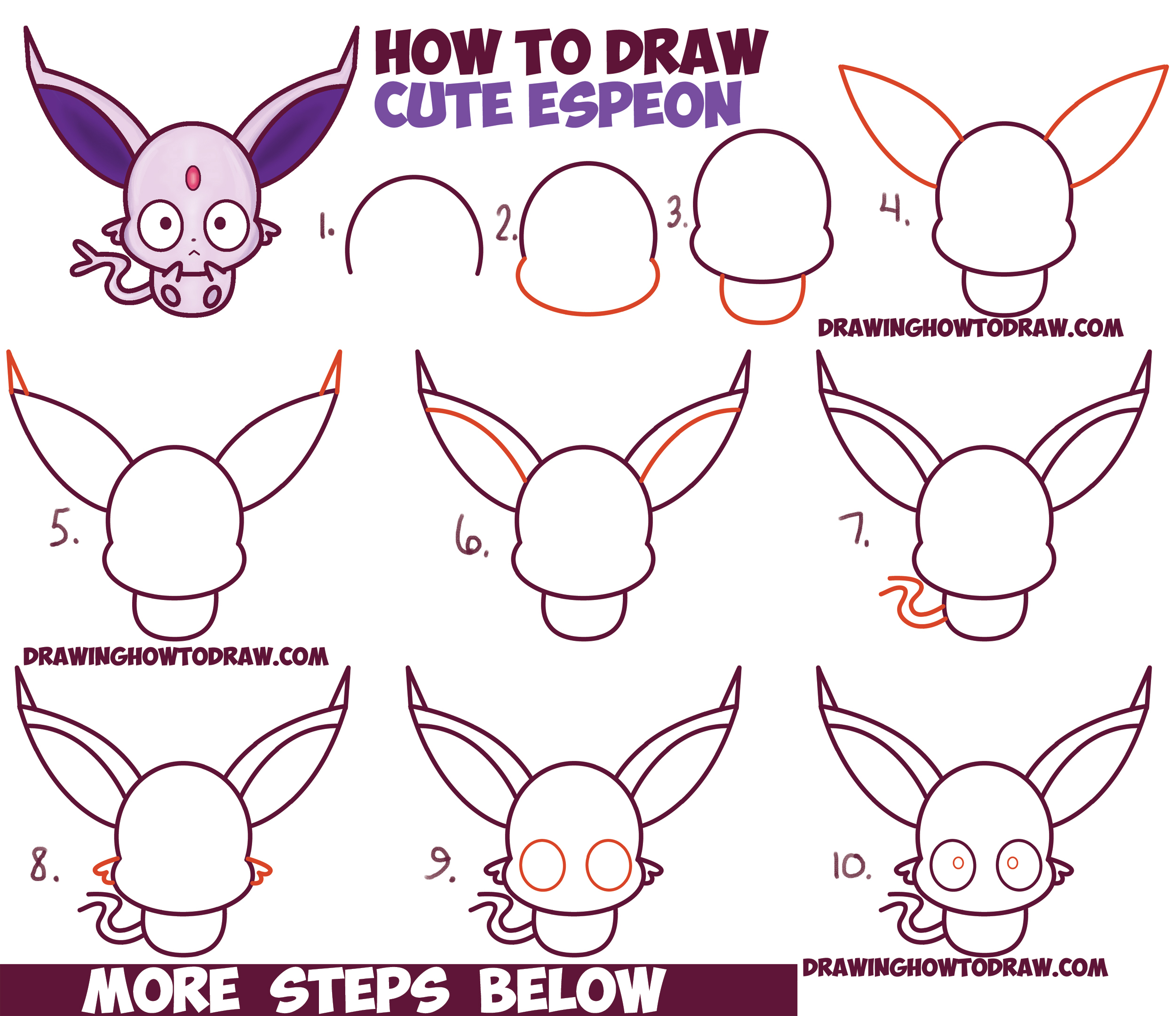How To Draw Cute Kawaii Chibi Espeon From Pokemon Easy Step By Step