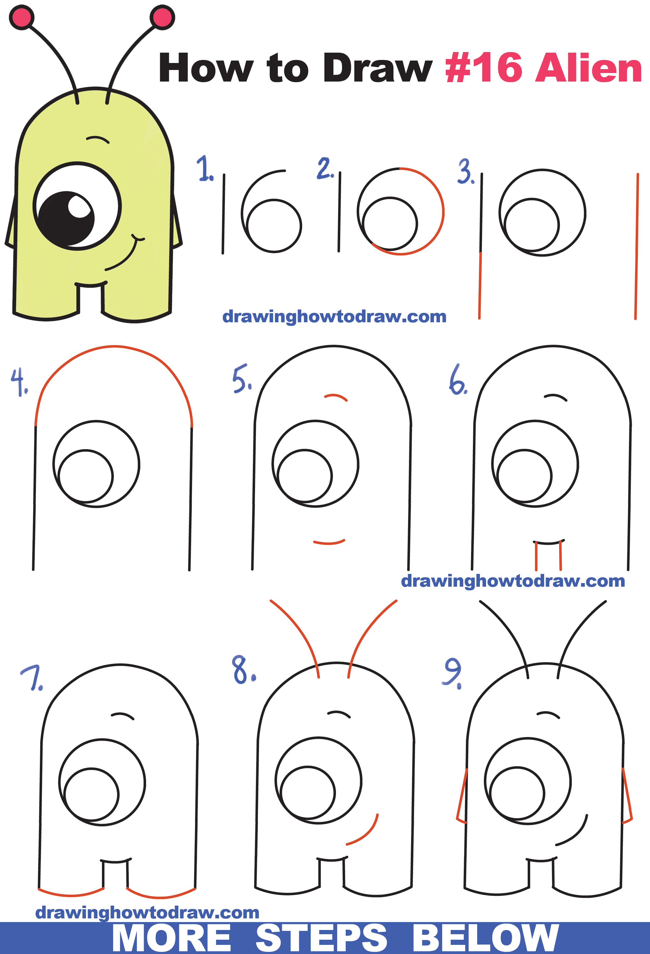 How to Draw Cute Cartoon Alien from Numbers "16" Easy Step ...
