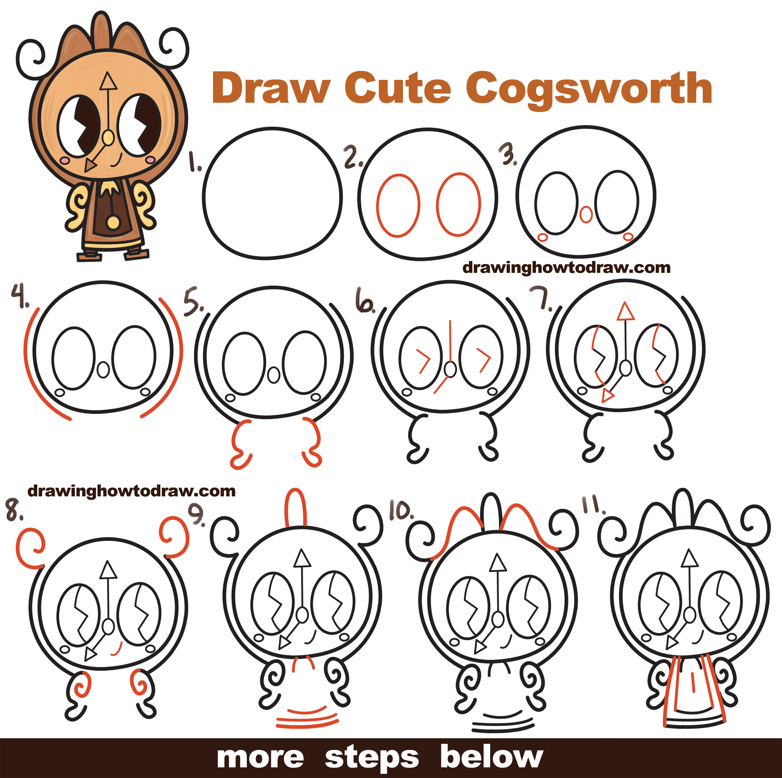 How to Draw Cute Kawaii Chibi Cogsworth the Clock from Beauty and the