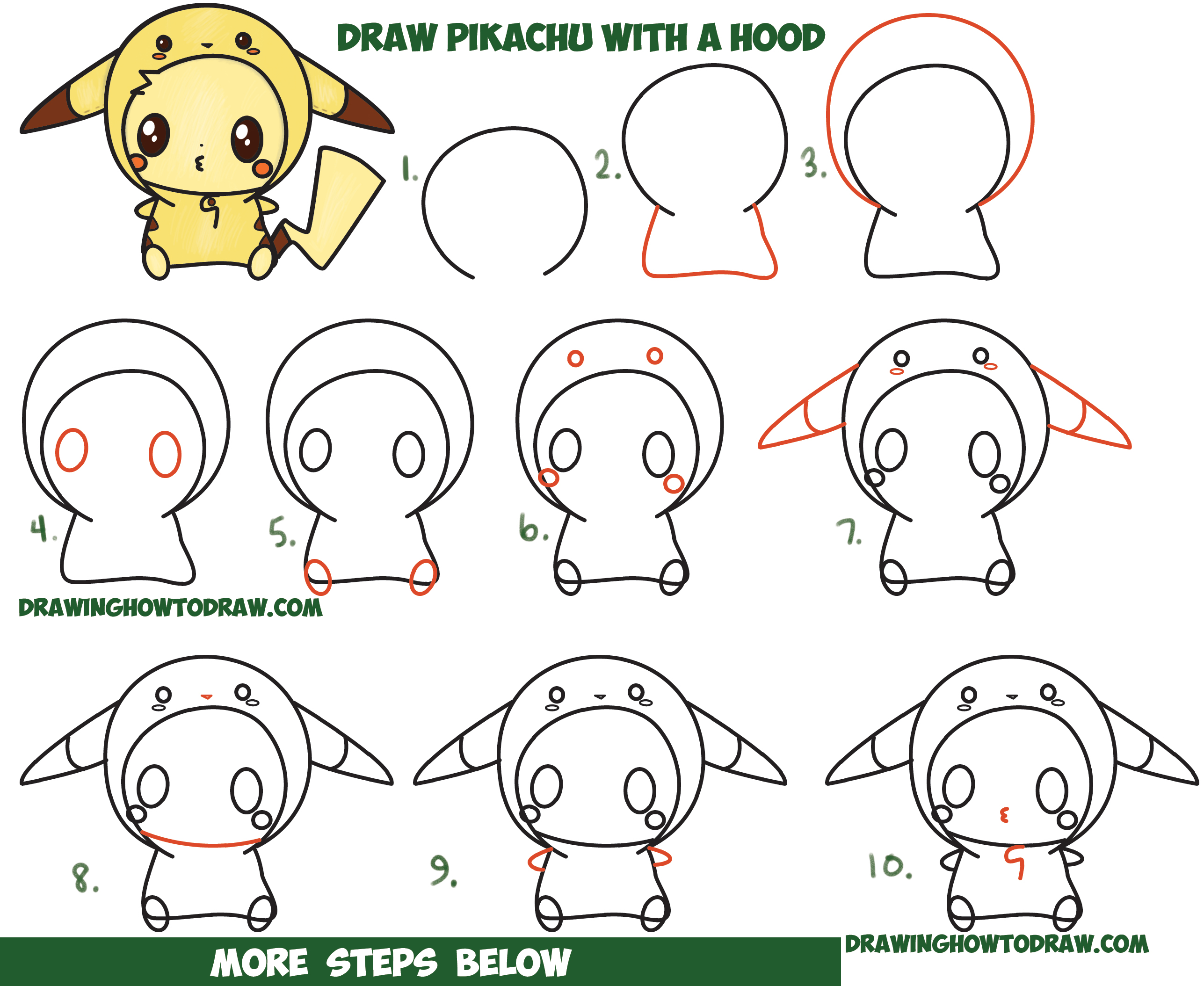 How to Draw Cute Pikachu with Costume Hood from Pokemon (Kawaii / Chibi