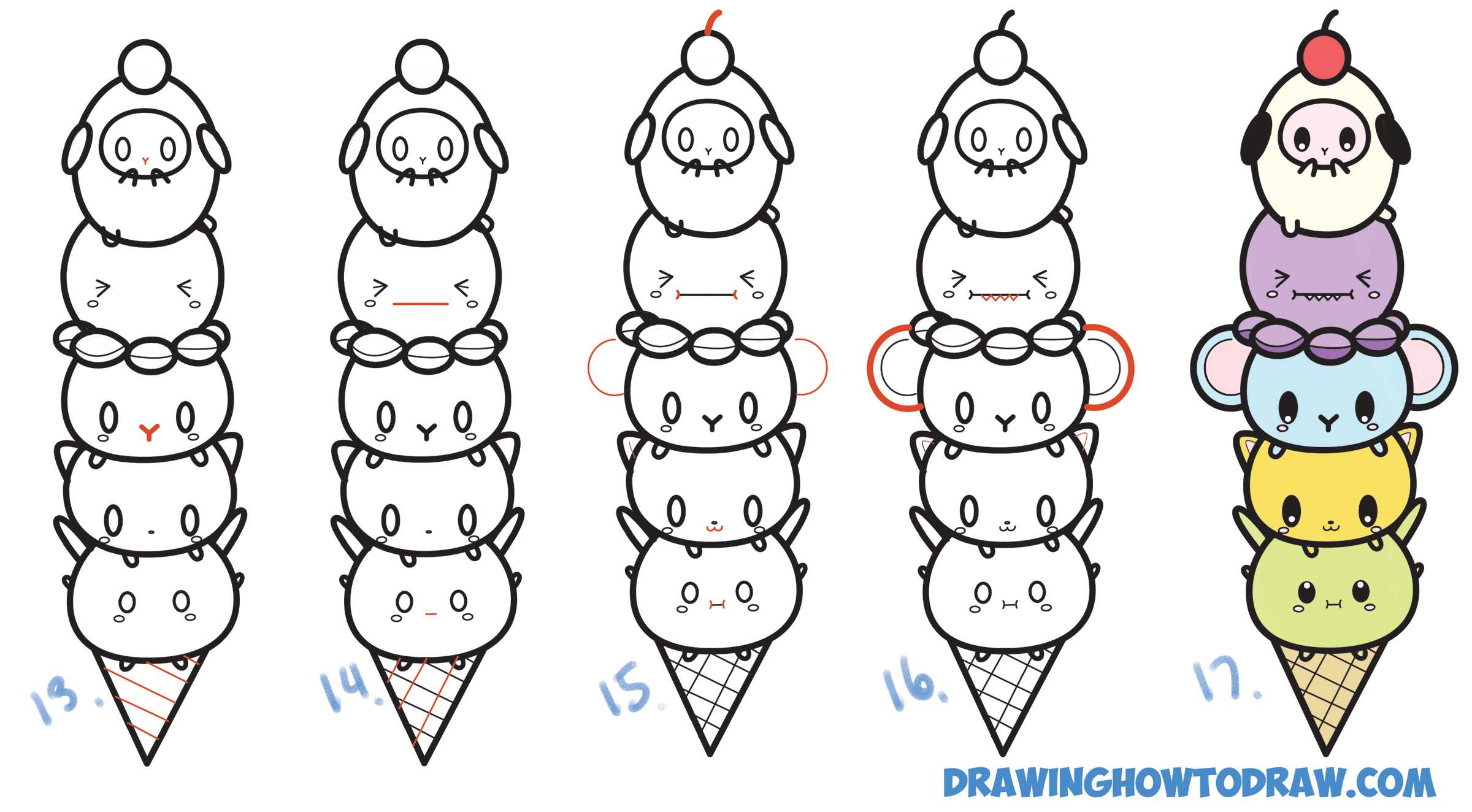How To Draw Cute Kawaii Animals Stacked In Ice Cream Cone Easy Step By 