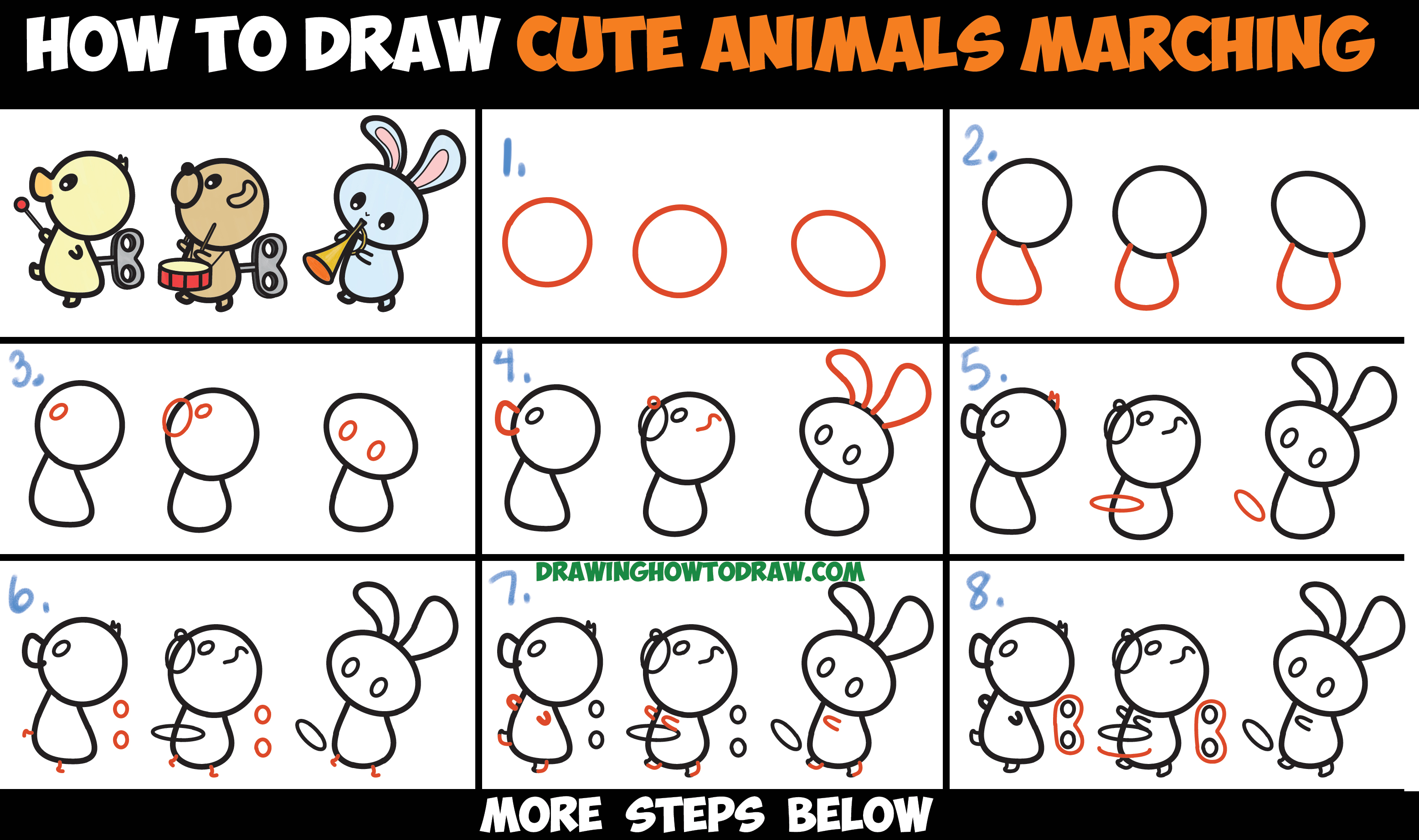 How to Draw Cute Kawaii Animals Marching in a Musical Band Easy Step by