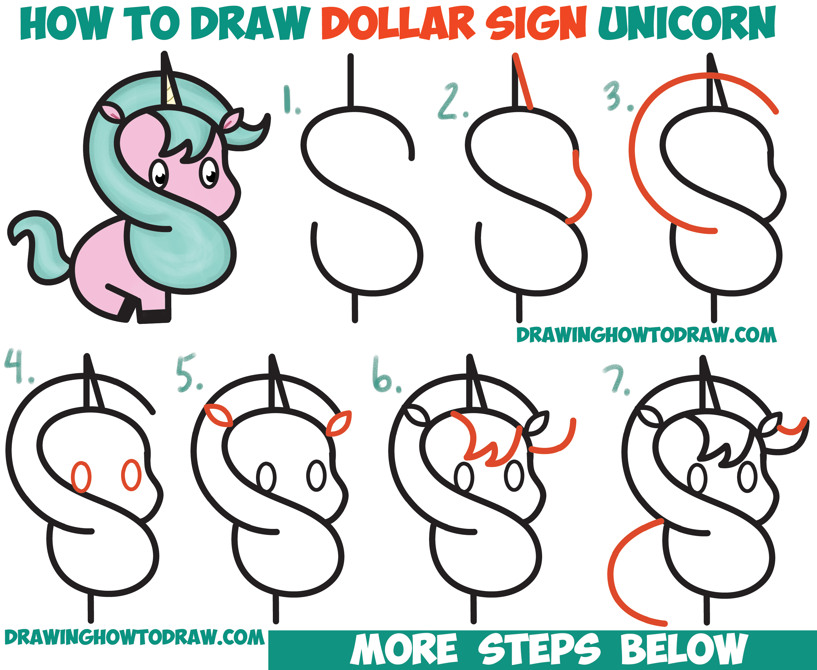 How to Draw a Cute Cartoon Unicorn (Kawaii) from a Dollar Sign Easy