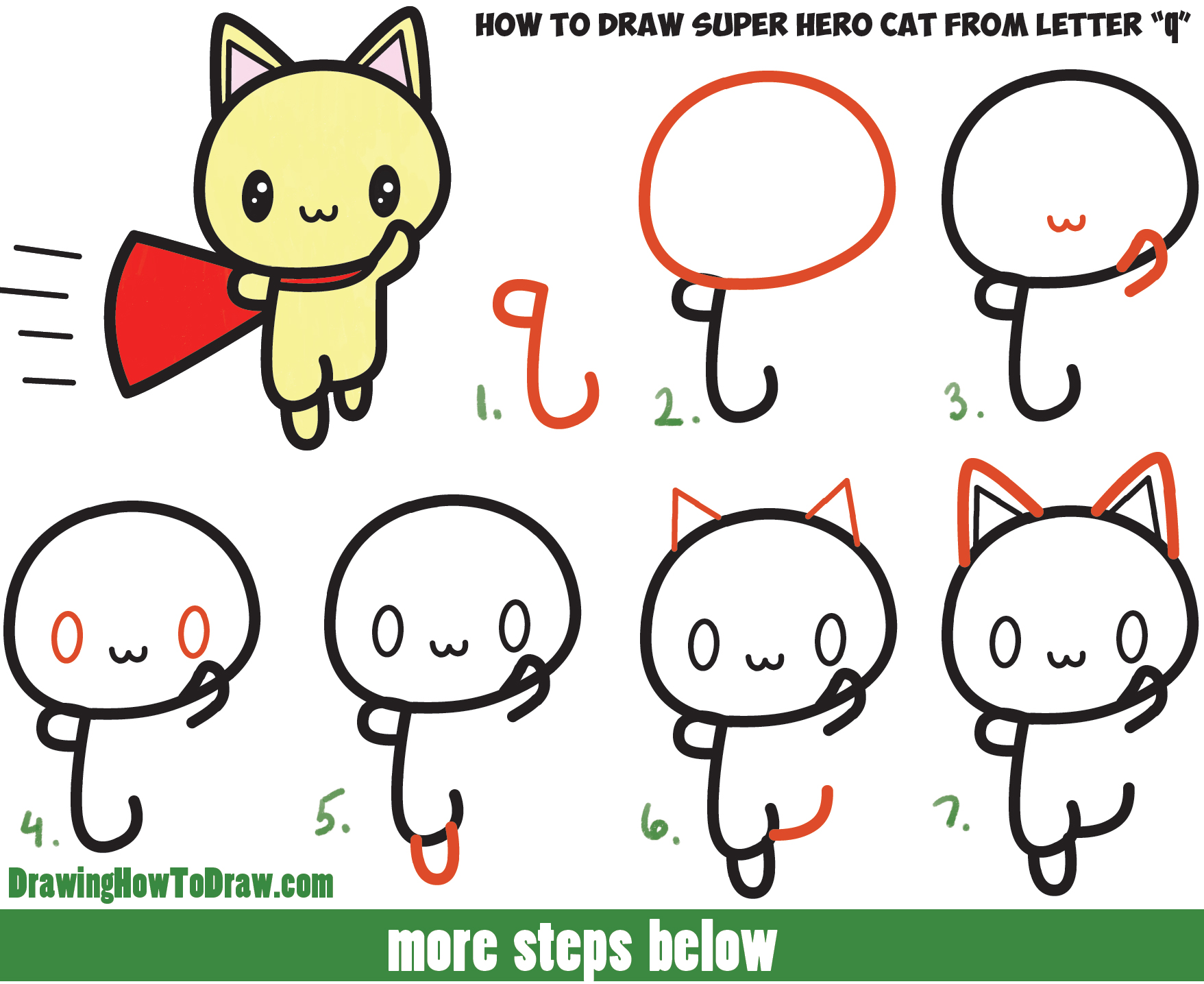 How to Draw a Cute Cat Super Hero (Kawaii) with Easy Step by Step