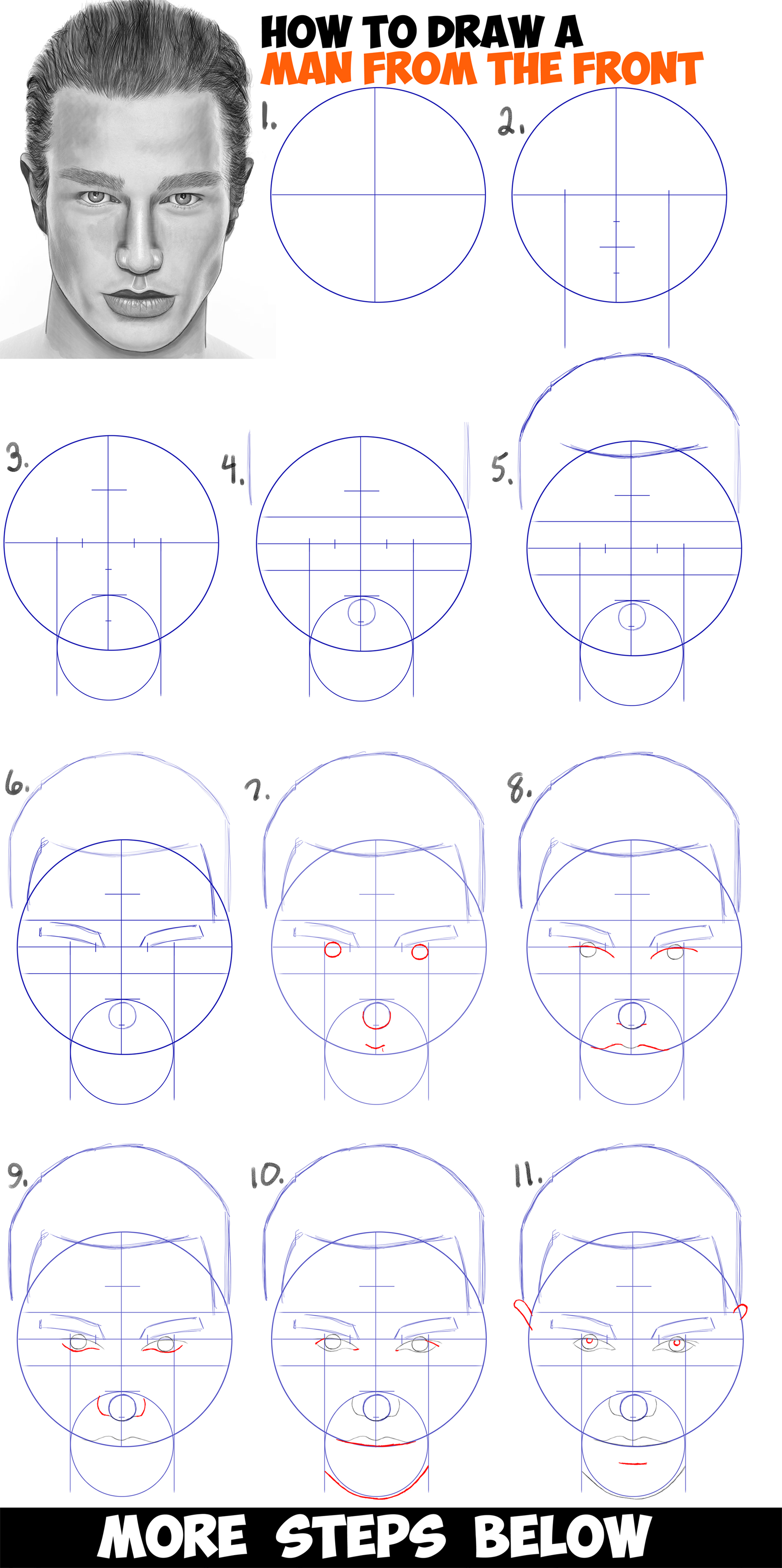 How to Draw a Man's Face from the Front View (Male) Easy Step by Step