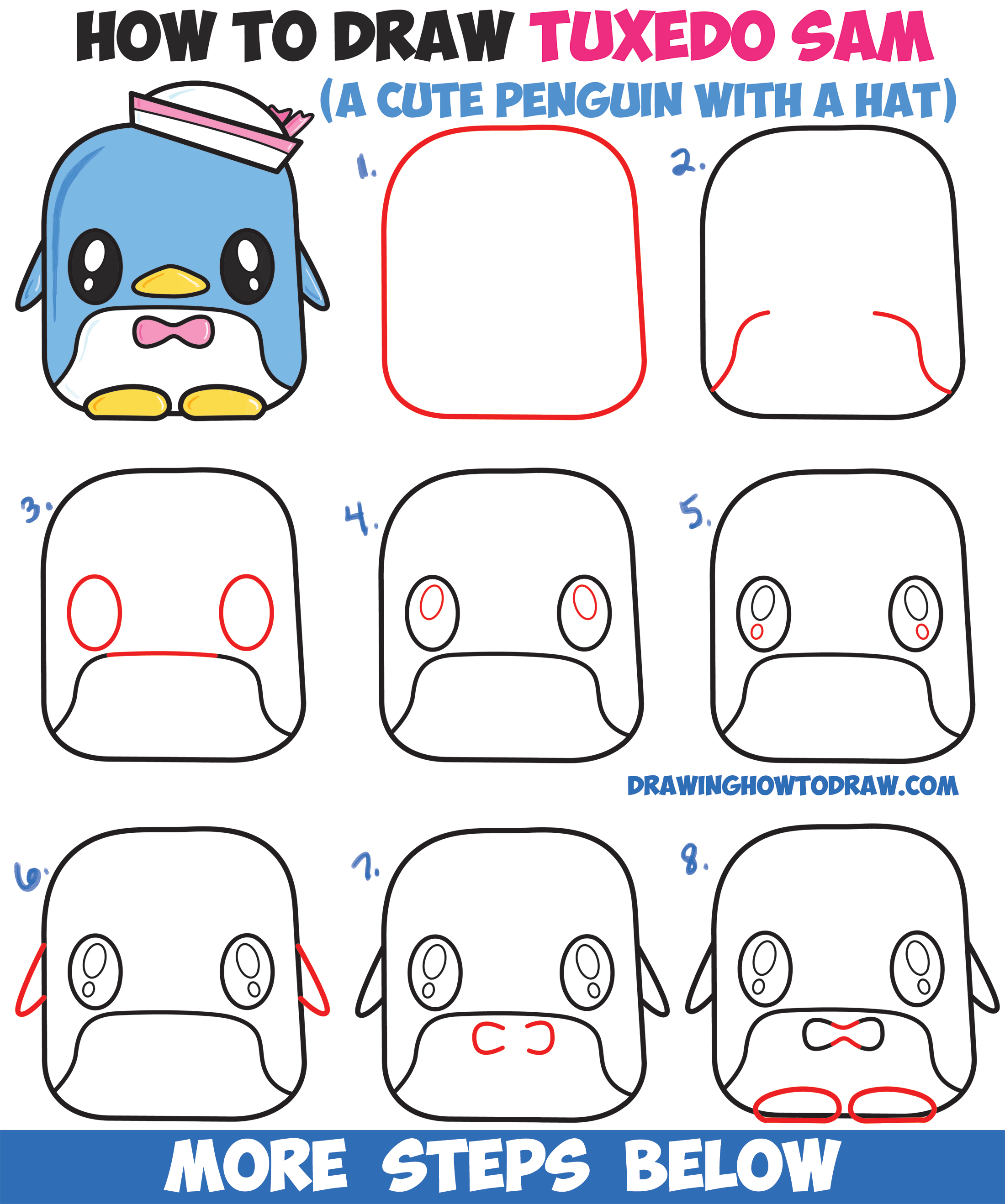 How to Draw Tuxedo Sam (Cute Kawaii Penguin) From Hello Kitty Easy Step