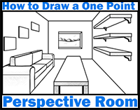 guide to drawing a room couch, shelves,window and table in 1 point perspective