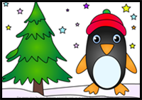 How to Draw Penguin with Christmas Tree