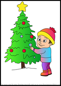 How to Draw Boy Looking at the Christmas Tree
