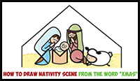 How to Draw Cartoon Nativity Scene with Mary, Jesus, and Joseph in a Manger : Xmas Word Toon Easy Step by Step Drawing Tutorial for Kids