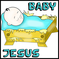 How to Draw Cartoon Baby Jesus in a Manger Cradle : Drawing Tutorial for Christmas