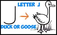 How to Draw Cartoon Goose or Duck from Letter J Shape – Easy Step by Step Drawing Lesson for Kids