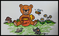How to Draw a Bear with Honey - Coloring with Markers