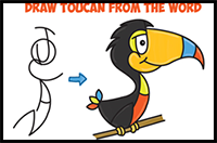How to Draw Cartoon Toucans from the Word – Easy Step by Step Drawing Tutorial for Kids (Word Toons / Cartoons)