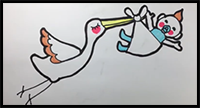 Drawing and Coloring a Stork with Baby