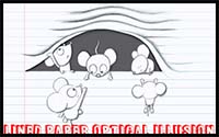 How to Draw Optical Illusion of Cartoon Mice Characters Climbing Inside of Lined Notebook Paper with Easy Step by Step Drawing Tutorial for Kids