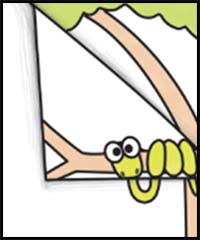 How to Draw Cartoon Snake Wrapped Around a Tree Branch – 3D Optical Illusion with Paper Folded Over Tutorial for Kids