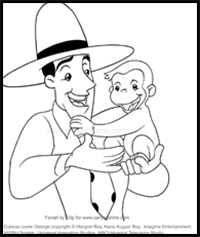 Drawing George and the man with the yellow hat (Curious George) coloring pages printable for kids