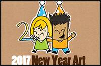 How to Draw New Years Eve / New Year Word Cartoon Art of Kids Celebrating from the Year '2017' Easy Word Toon Tutorial for Kids