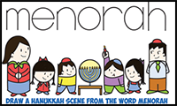 How to Draw Cartoon Kids Lighting a Menorah for Hanukkah / Chanukah Word Cartoon Easy Step by Step Drawing Tutorial for Jewish Kids