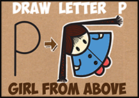 How to Draw a Cute Cartoon Girl with Braids from Above (from the Letter “P” Shape) – Easy Step by Step Drawing Tutorial for Kids