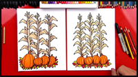 How To Draw Autumn Corn Stalks And Pumpkins (Harvest)