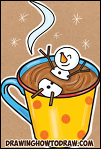 How to Draw a Snowman Bathing in a Hot Cup of Cocoa Easy Step by Step Drawing Tutorial for Kids on Winter