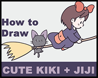 How to Draw Kiki and Jiji Riding a Broom (Cute Chibi / Kawaii) from Kiki's Delivery Service Easy Step by Step Drawing Tutorial