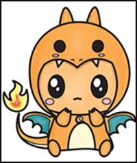 How to Draw Charmander Wearing a Charizard Costume Onesie with a Hood Easy Step by Step Drawing Tutorial for Kids