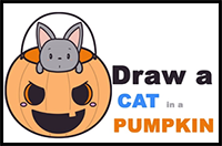 Learn How to Draw a Cute Kawaii Chibi Cat / Kitten in a Pumpkin Trick-or-Treat Basket Easy Steps Drawing Lesson