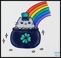 How to Draw Saint Patrick's Day Pusheen Cat Easy with Coloring