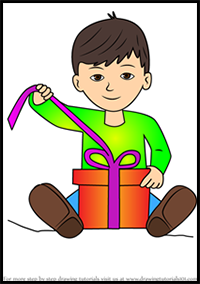 How to Draw Boy Opening a Christmas Gift