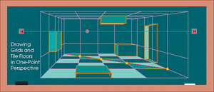 To draw grids using linear perspective, it is best to start with a square. The diagram above shows a perspective view of a room drawn in one-point perspective. After you have established a horizon line and a vanishing point follow this step by step procedure to create a gridded floor pattern: