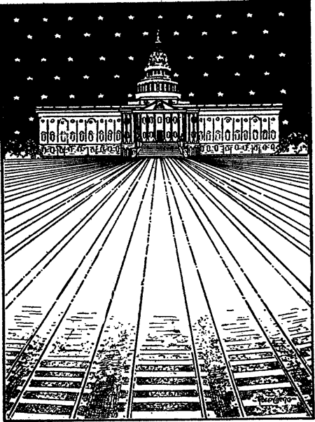 Simple perspective introduced into a cartoon made during the war on the subject of federal rail control. The vertical lines represent railway lines leading to Washington.