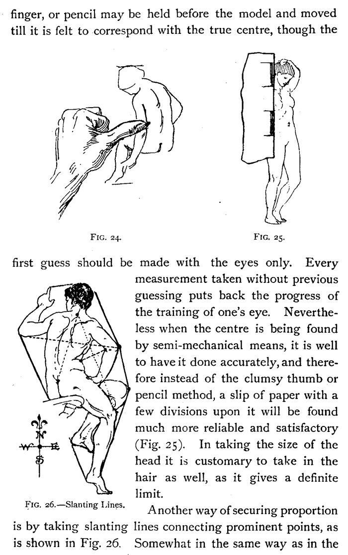 Measuring proportions of human figure with thumb method