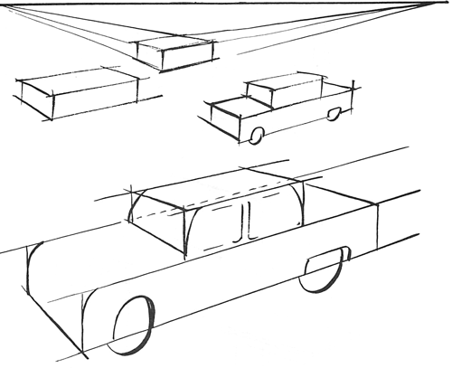 By placing one box over another and rounding the edges, you have the basic perspective of a car.