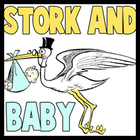How to Draw Cartoon Stork Holding Newborn Baby 
