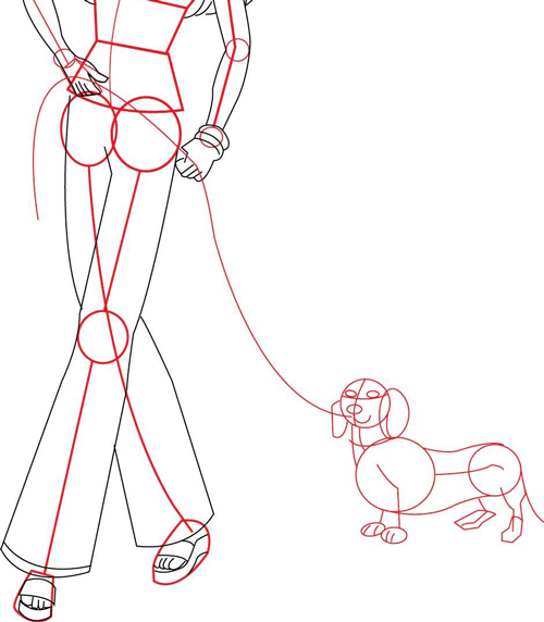 Step 4 : Drawing Barbie Doll Walking Her Dauchund Dog on a Leash