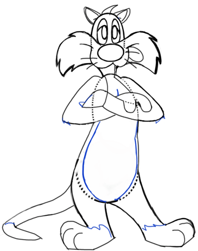 Step 8 : Drawing Sylvester Cat from Looney Tunes Step by Step Drawing Tutorial